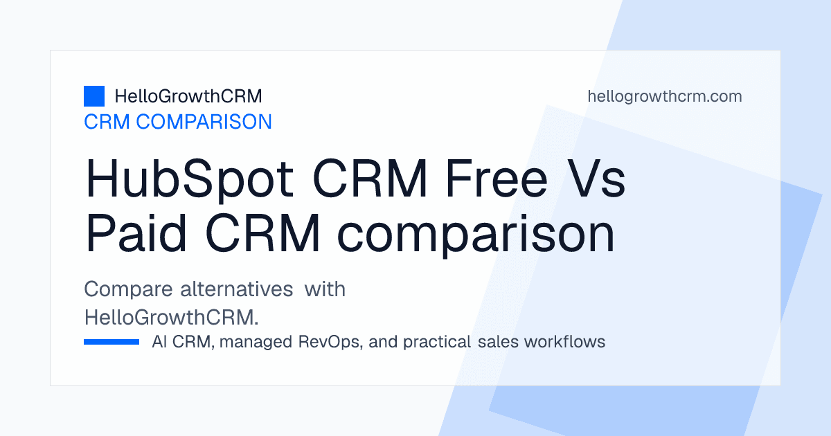 Comparison breakdown between HubSpot Free tier limitations, paid upgrades, and HelloGrowthCRM all-in-one sales platform