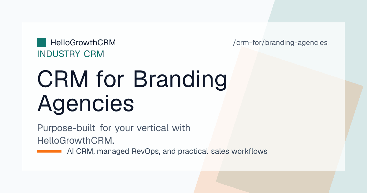 HelloGrowthCRM branding agency view showing a pitch pipeline, creative review rounds with revision counts, and upcoming retainer renewals