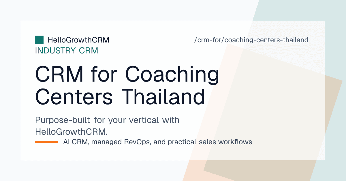 HelloGrowthCRM view for a Thai tutorial school showing chat enquiry queue, course package quotes, seat capacity by course and payment confirmations