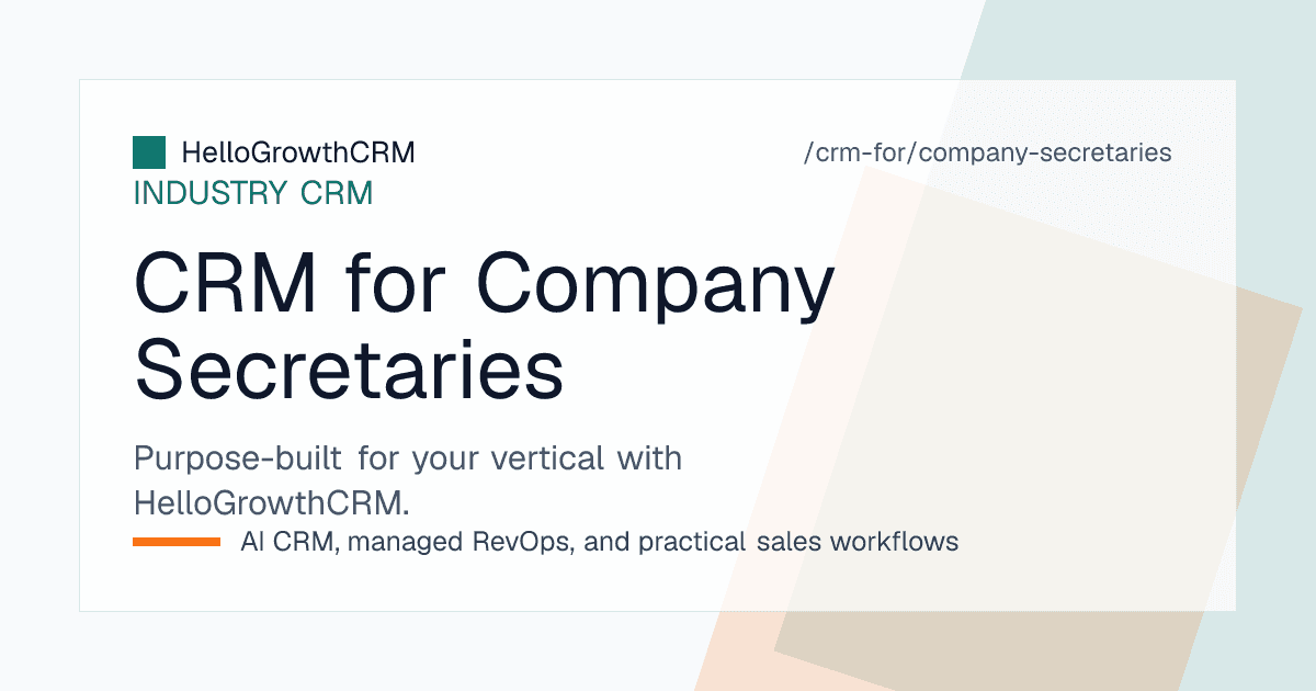 HelloGrowthCRM secretarial practice view showing client groups, entity records, scheduled recurring engagements and outstanding document checklists