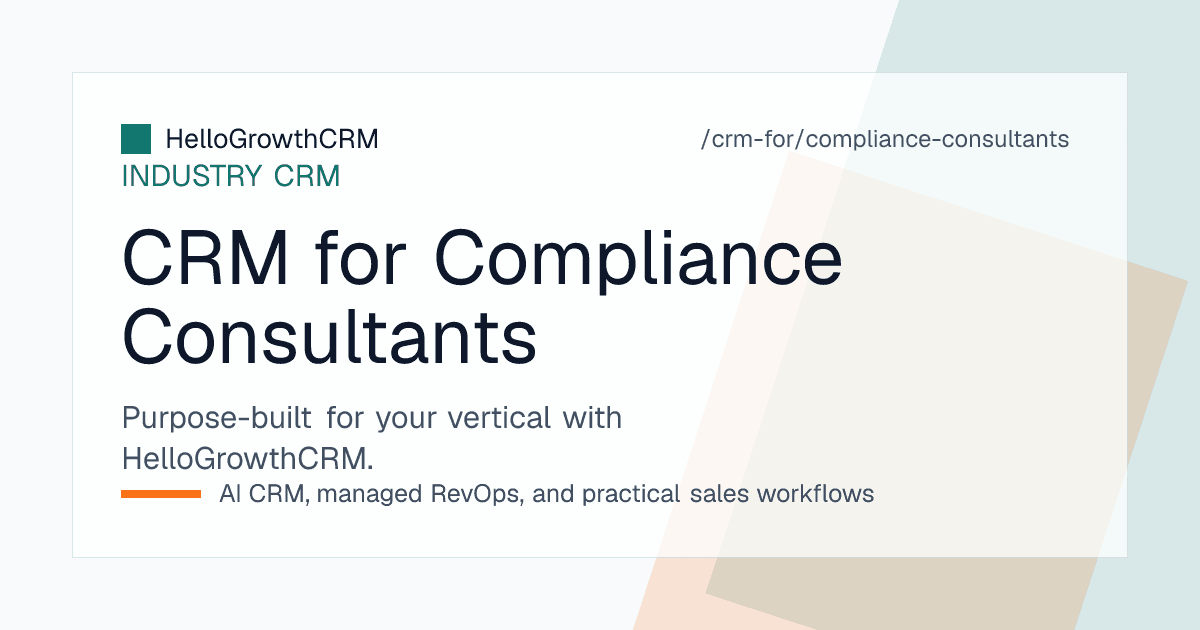 HelloGrowthCRM compliance consultancy view showing an enquiry pipeline, a client registration register with validity dates, and upcoming renewal tasks