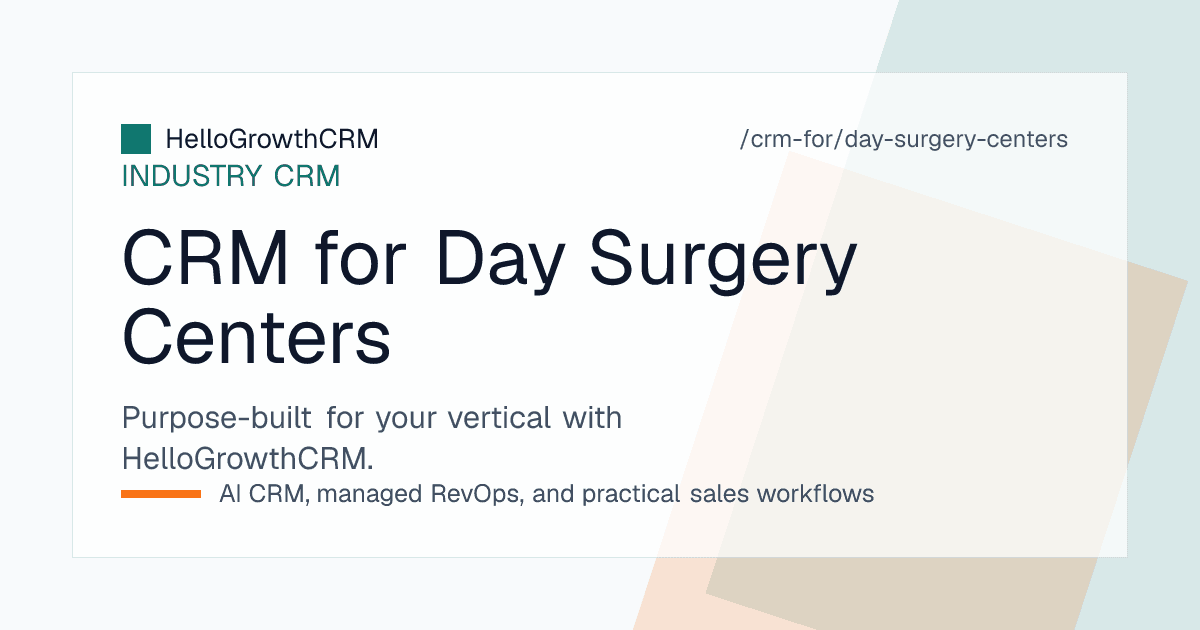 HelloGrowthCRM day surgery centre view showing surgeon referral accounts, procedure pipeline stages and pre-admission task checklist