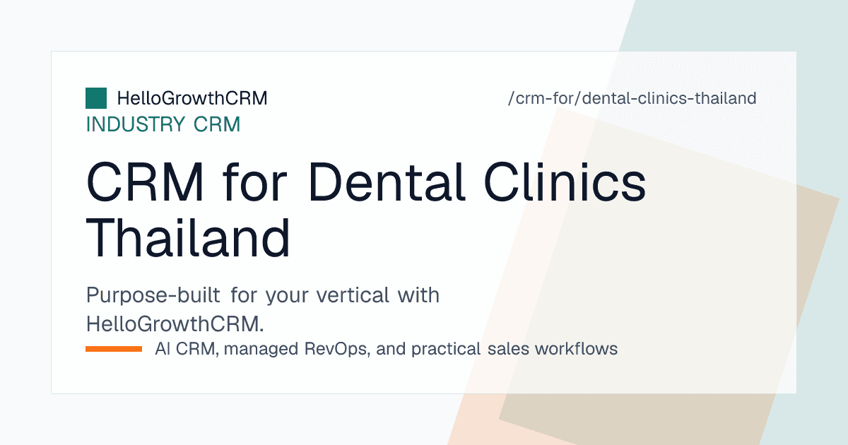 HelloGrowthCRM dental view for a Thai clinic showing local and overseas patient enquiries, treatment quotations, multi-visit trip scheduling and recall reminders