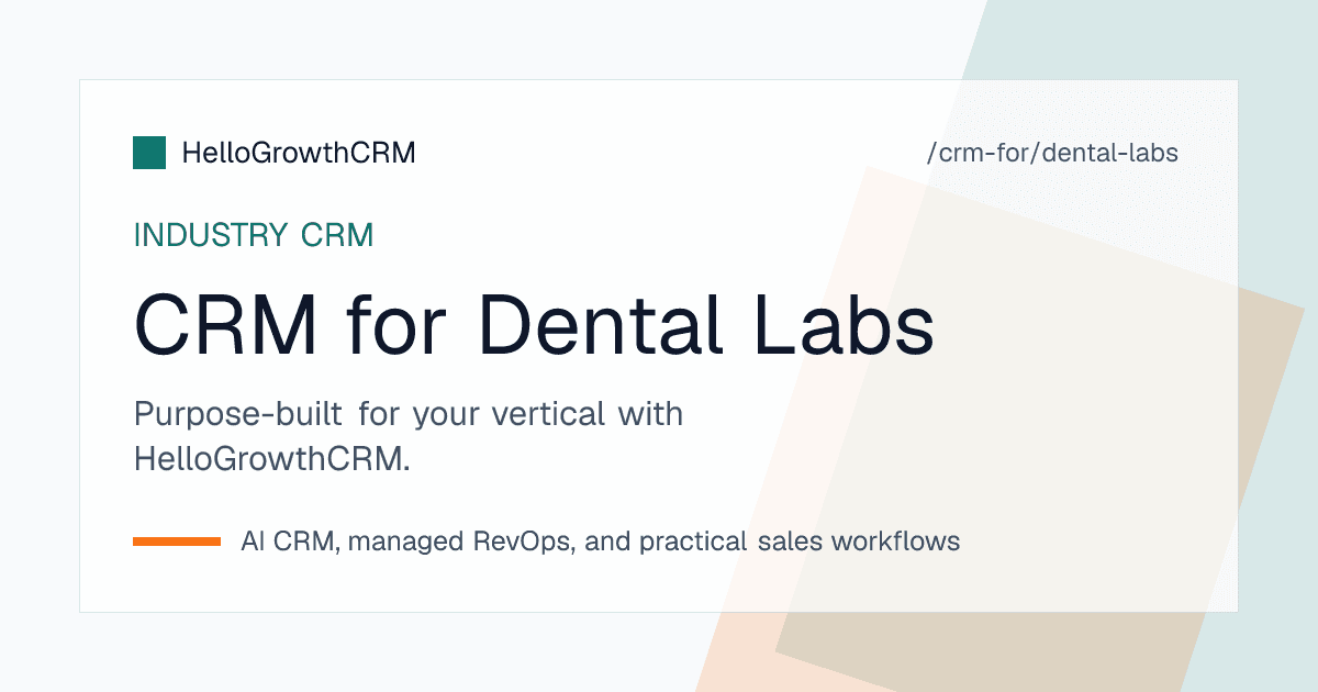 HelloGrowthCRM for dental labs showing a dentist account master, new-clinic acquisition pipeline, and outstanding payment aging dashboard