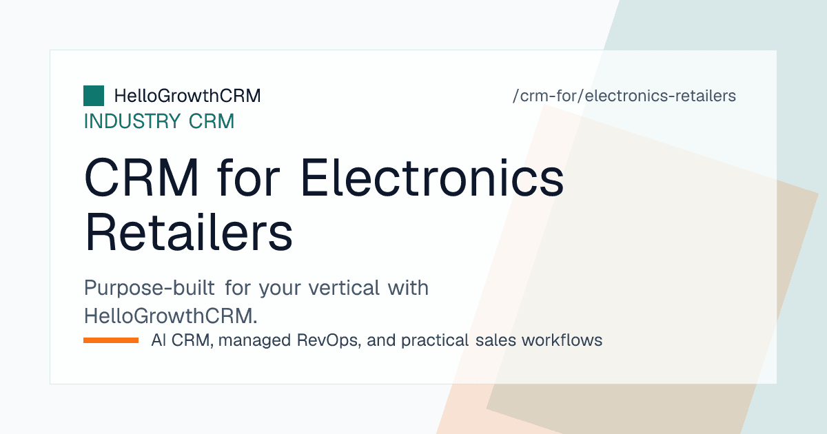 HelloGrowthCRM electronics retail view showing model-level enquiries, quote and exchange values, EMI application stages, pending installations and warranty renewals due