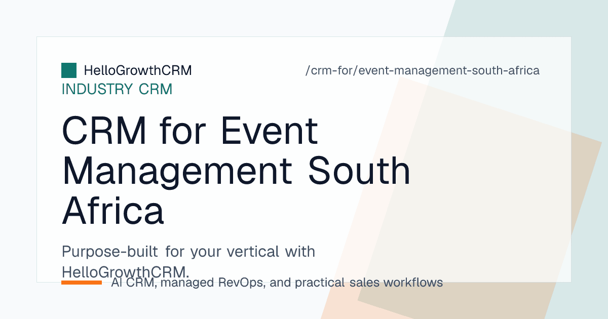 HelloGrowthCRM pipeline for a South African event company showing corporate RFQs, held dates and year-end function bookings
