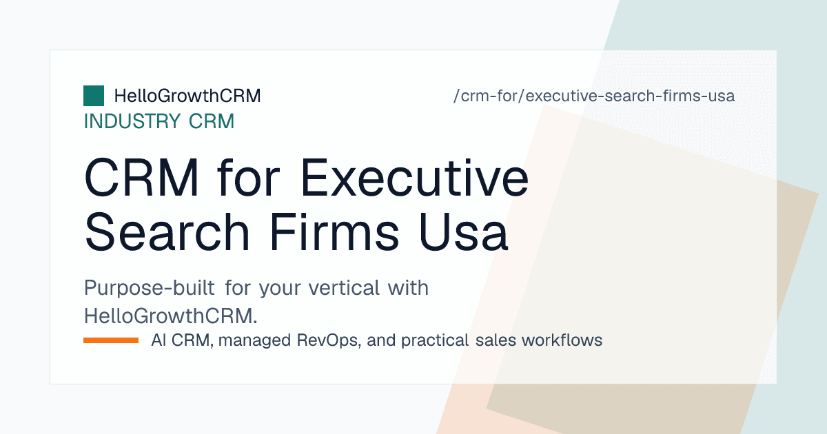 HelloGrowthCRM showing a retained search mandate pipeline, business development board and instalment billing status for a US executive search firm