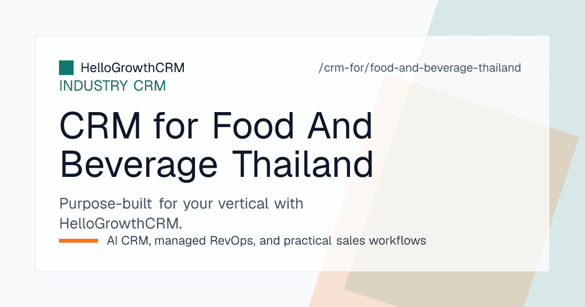 HelloGrowthCRM pipeline for a Thai food and beverage producer showing modern-trade listings, provincial distributors, HORECA accounts and export enquiries