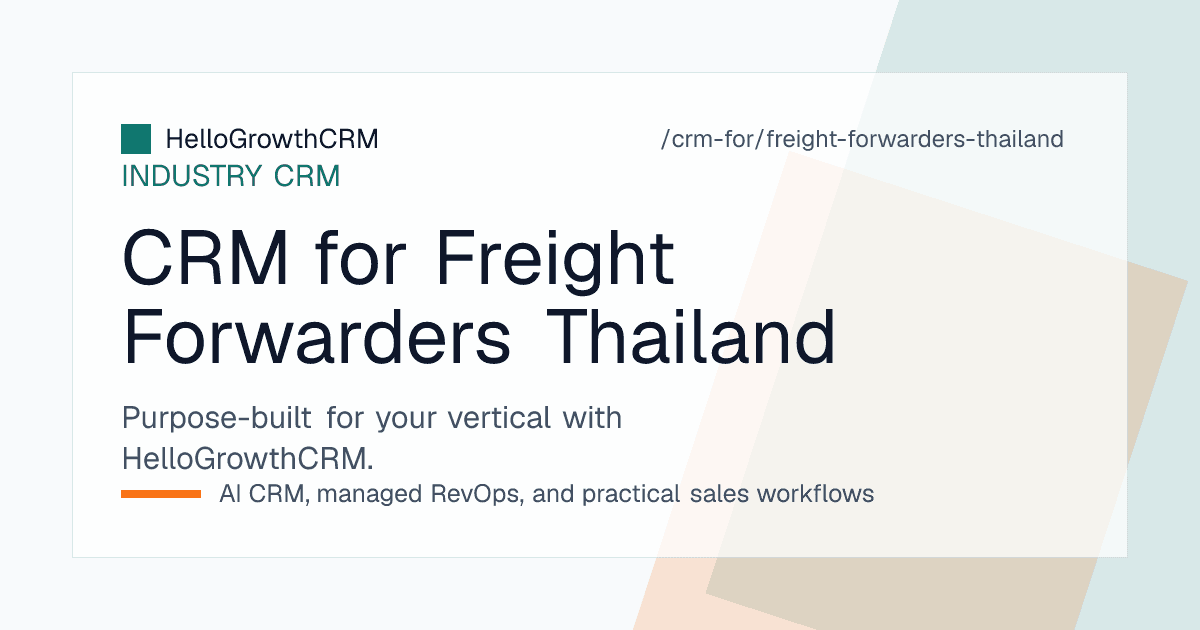 HelloGrowthCRM showing a freight enquiry pipeline, cross-border lane records and factory account collections for a Thai freight forwarder