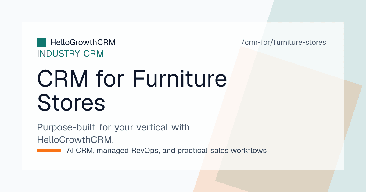 HelloGrowthCRM furniture store pipeline showing showroom walk-ins, quotations, custom order production stages, and the delivery calendar