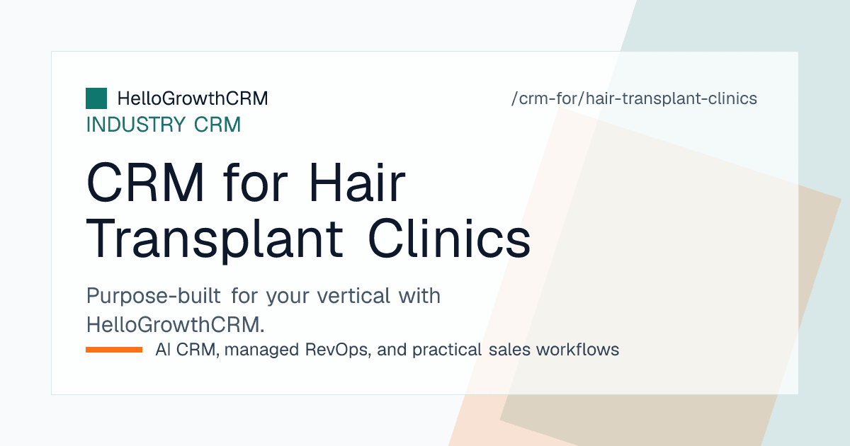 HelloGrowthCRM for hair transplant clinics showing a long-cycle consultation pipeline, quote version history, and outstation patient checklist