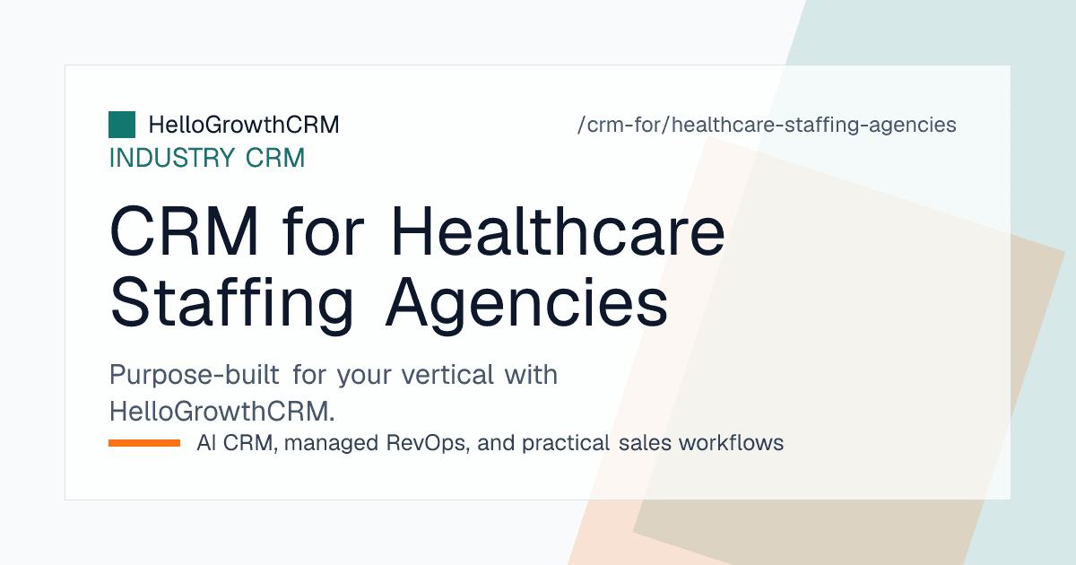 HelloGrowthCRM healthcare staffing view showing open hospital requisitions, fill time by client, candidate availability lists and documents expiring in thirty days