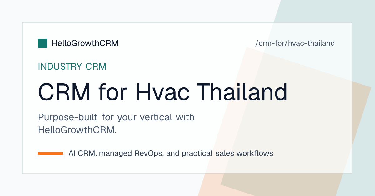HelloGrowthCRM HVAC pipeline for a Thai contractor showing chat enquiries, site surveys, maintenance contracts and preventive visit scheduling