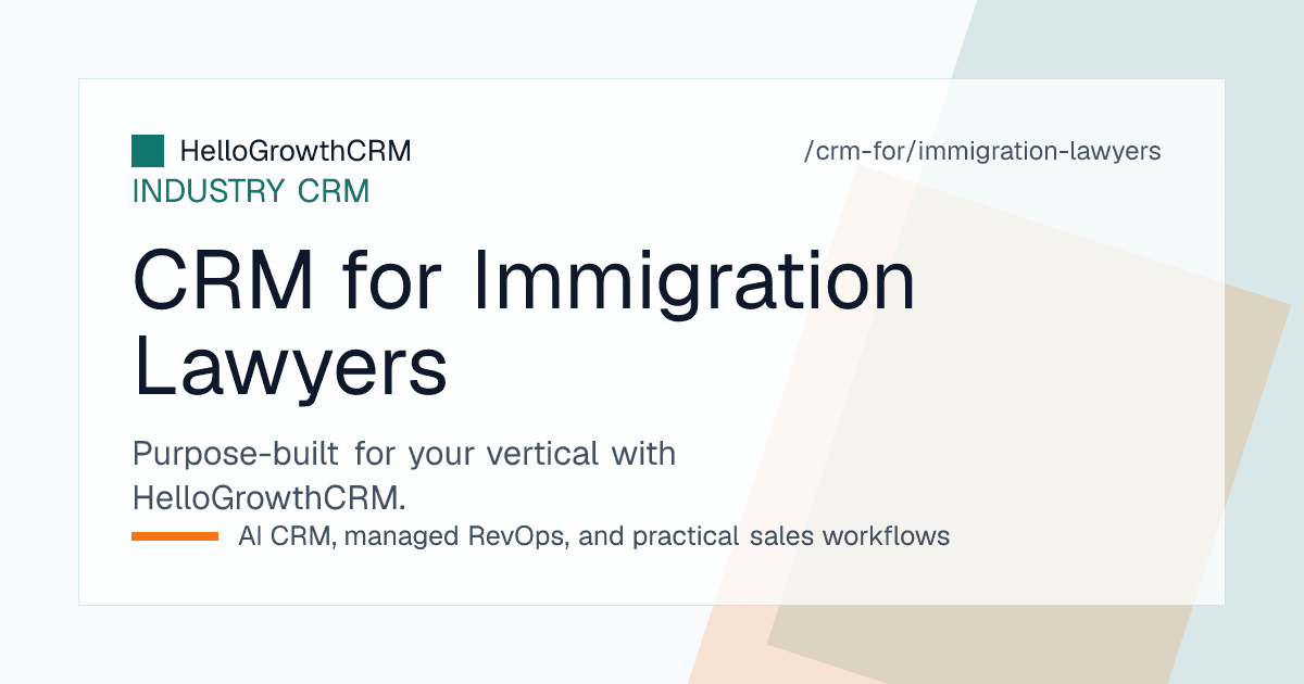 HelloGrowthCRM immigration practice view showing enquiries by matter type, document checklists per applicant and scheduled client update tasks