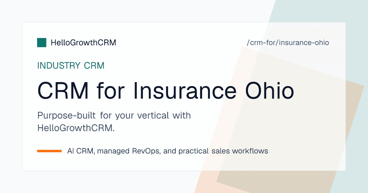 HelloGrowthCRM pipeline for an Ohio insurance agency showing manufacturing submissions, employer liability prompts and renewal review tasks