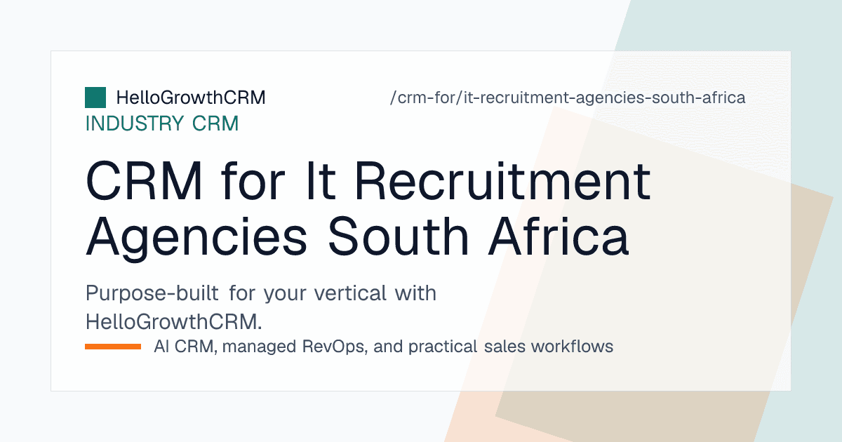 HelloGrowthCRM staffing board for a South African IT recruitment agency showing client accounts, contractor renewals, rate cards and counter-offer risk flags