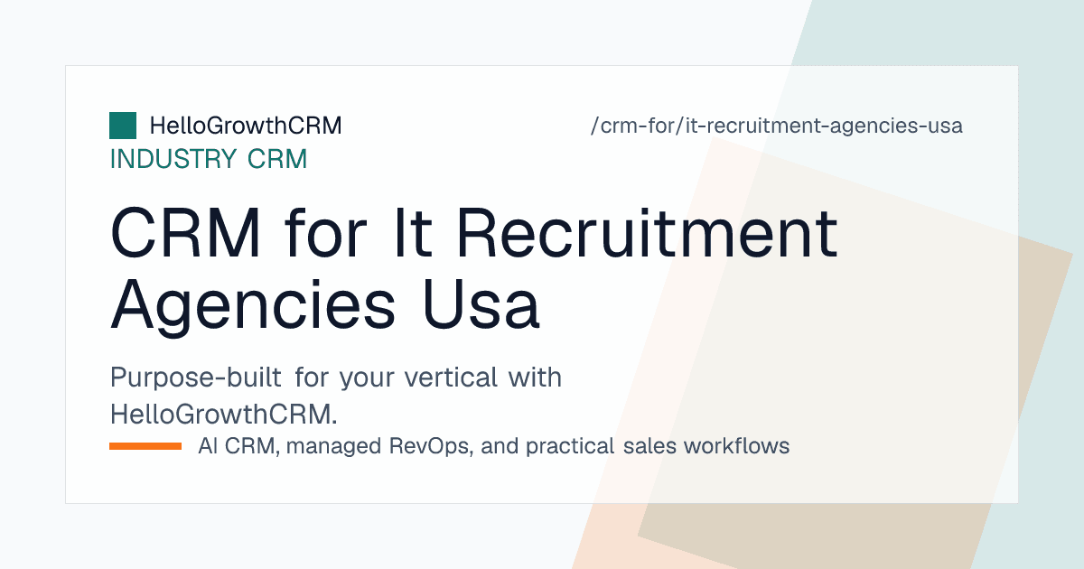 HelloGrowthCRM staffing board for a United States IT recruitment agency showing client accounts, open requirements, submissions and invoice follow-up