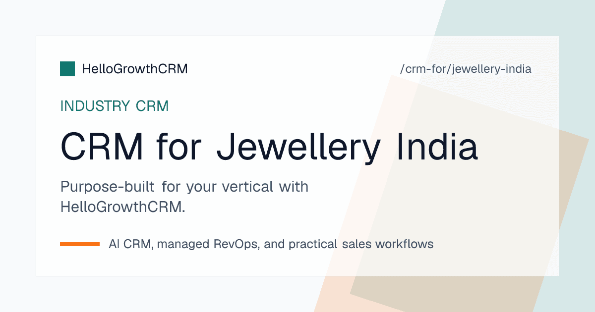 HelloGrowthCRM screen showing an Indian jewellery business with showroom enquiries, wholesale orders and exhibition leads in one pipeline