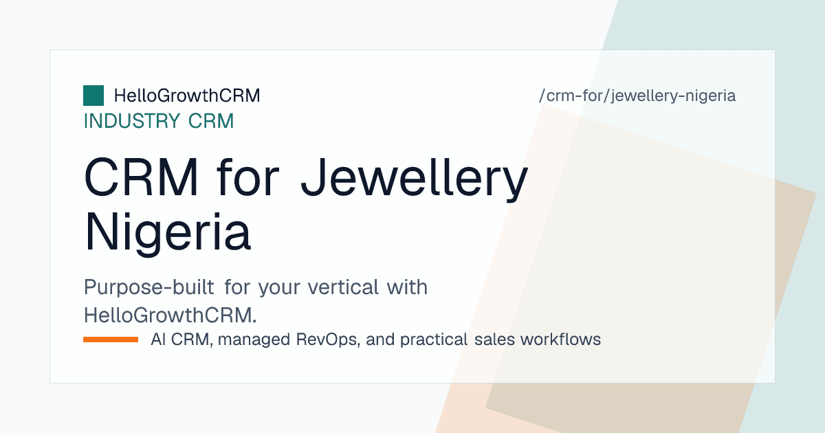 HelloGrowthCRM screen showing a Nigerian jewellery business with social enquiries, bespoke order deposits and dispatch tracking