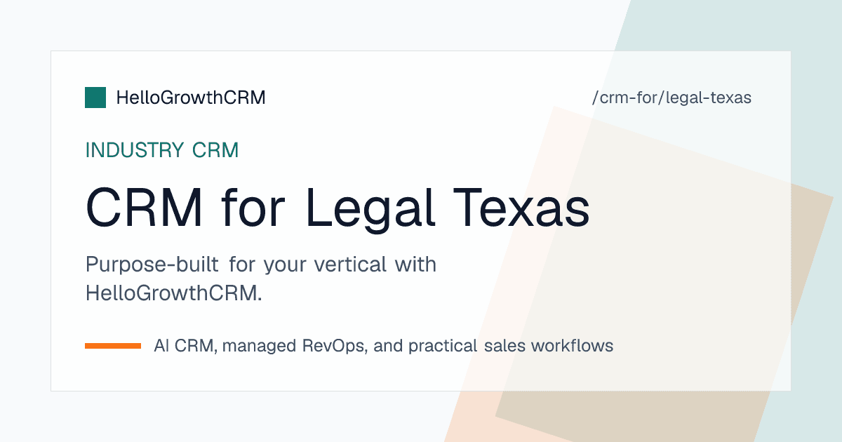 HelloGrowthCRM intake board for a Texas law firm showing enquiries by metro market, a conflicts check stage, scheduled consultations and referral source reporting