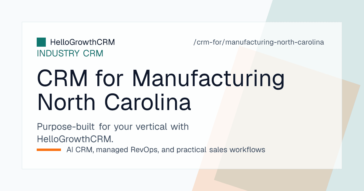 HelloGrowthCRM pipeline for a North Carolina manufacturer showing market week lead capture, configured product quotes, sample requests and qualification documents