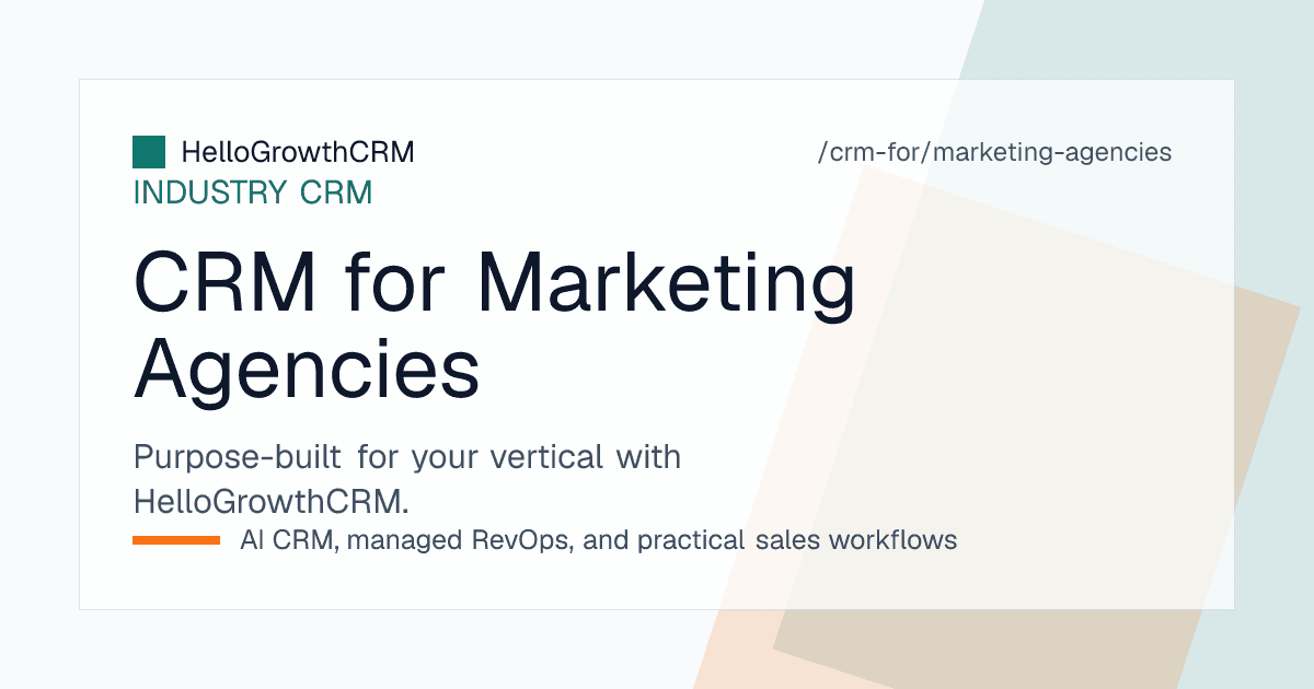 HelloGrowthCRM new-business pipeline for a marketing agency showing deals from discovery call to signed retainer with renewal dates