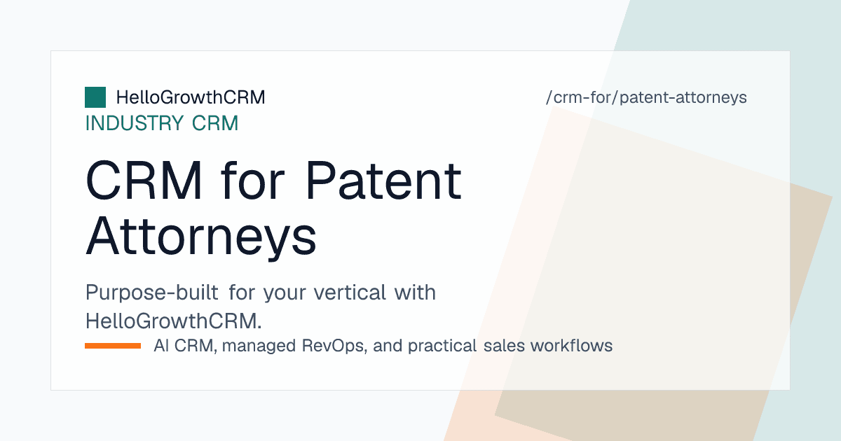 HelloGrowthCRM patent practice view showing matter enquiry pipeline, conflict check status, fee estimate ageing and pending client instructions