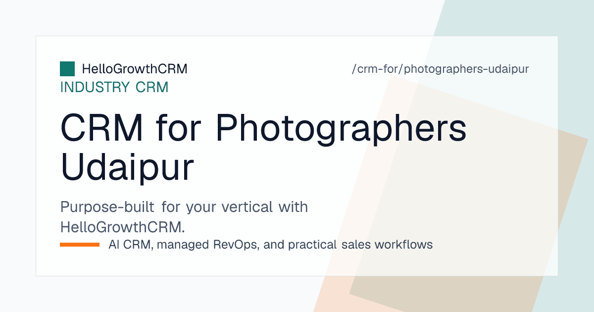 HelloGrowthCRM photography view showing date enquiries, planner referrals, advances and delivery stages for an Udaipur wedding studio