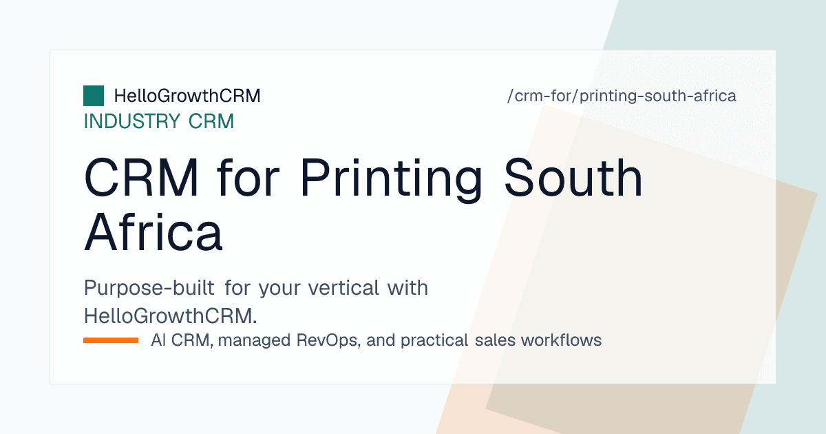 HelloGrowthCRM printing pipeline for a South African print company showing agency briefs, purchase orders, proof approvals and account customer terms