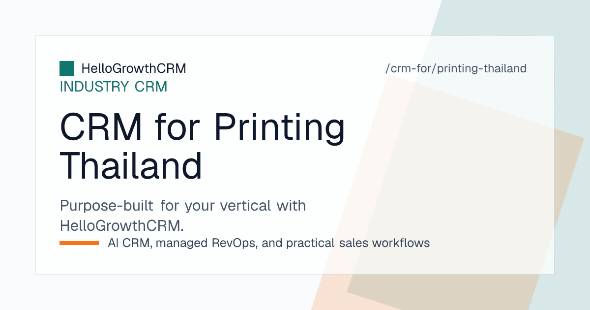 HelloGrowthCRM printing pipeline for a Thai print company showing chat enquiries, sample approvals, bilingual proofs and purchase order stages