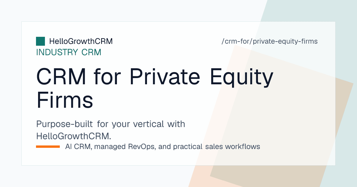 HelloGrowthCRM private equity view showing sector coverage lists, promoter relationship timelines, live deals by stage and intermediary performance