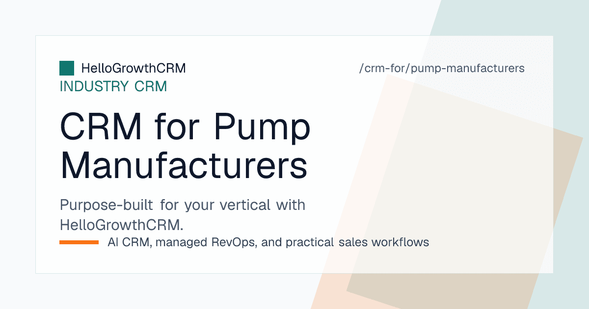HelloGrowthCRM for pump manufacturers showing duty point enquiries, a selection queue with turnaround timers, drawing approval status and an installed pump register