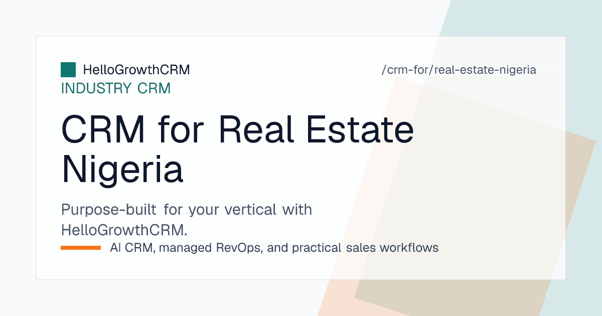 HelloGrowthCRM real estate CRM for Nigeria showing a WhatsApp enquiry inbox, site inspection bookings, instalment balances and marketer attribution