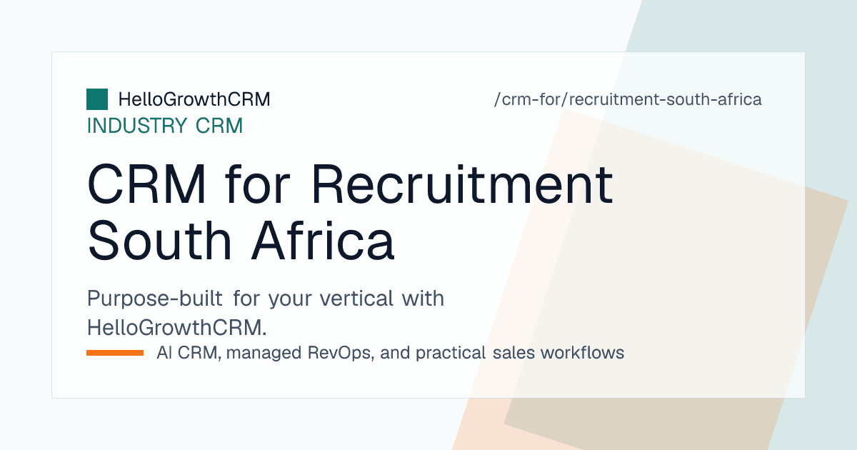 HelloGrowthCRM recruitment CRM for South Africa showing preferred supplier panel tracking, a mandate pipeline, notice period planning and rand fee ageing