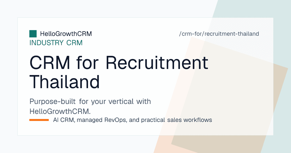 HelloGrowthCRM recruitment CRM for Thailand showing a mandate pipeline with language requirements, LINE and phone follow-up on candidate records and baht fee ageing