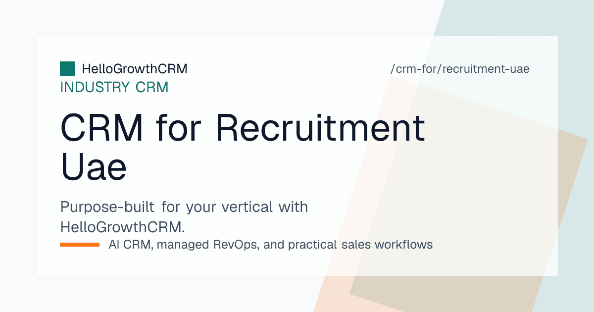 HelloGrowthCRM recruitment CRM for the UAE showing a client mandate, an overseas candidate shortlist, visa and onboarding milestones and WhatsApp follow-up