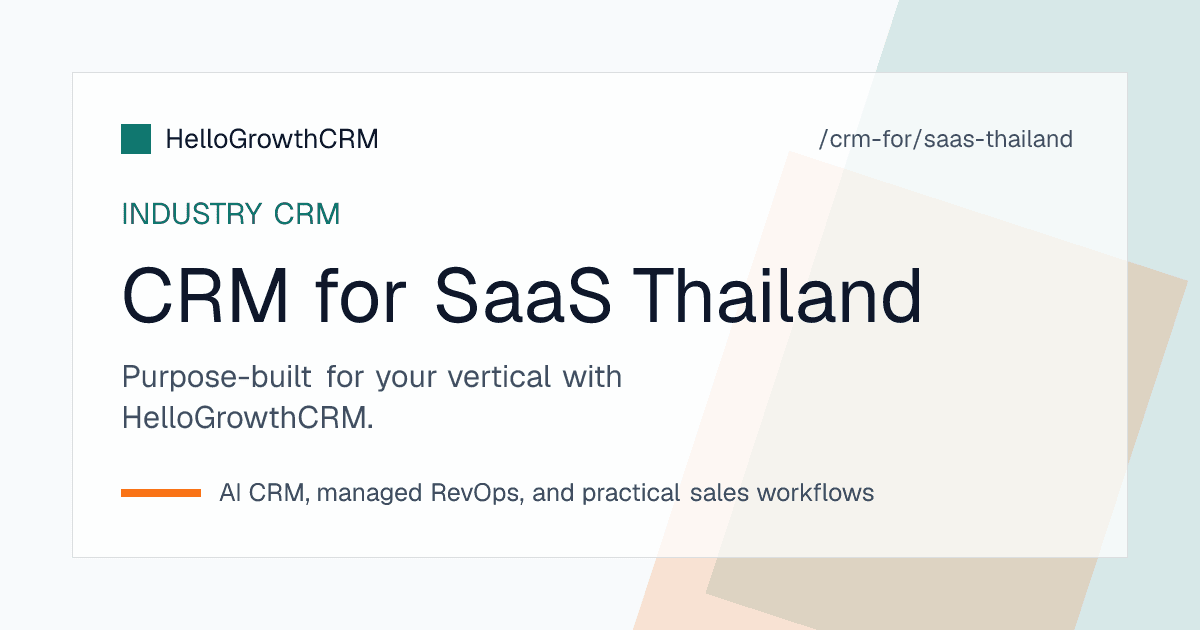 HelloGrowthCRM pipeline for a Thai SaaS company showing enquiries, demo bookings, quotation documents, purchase orders and renewals