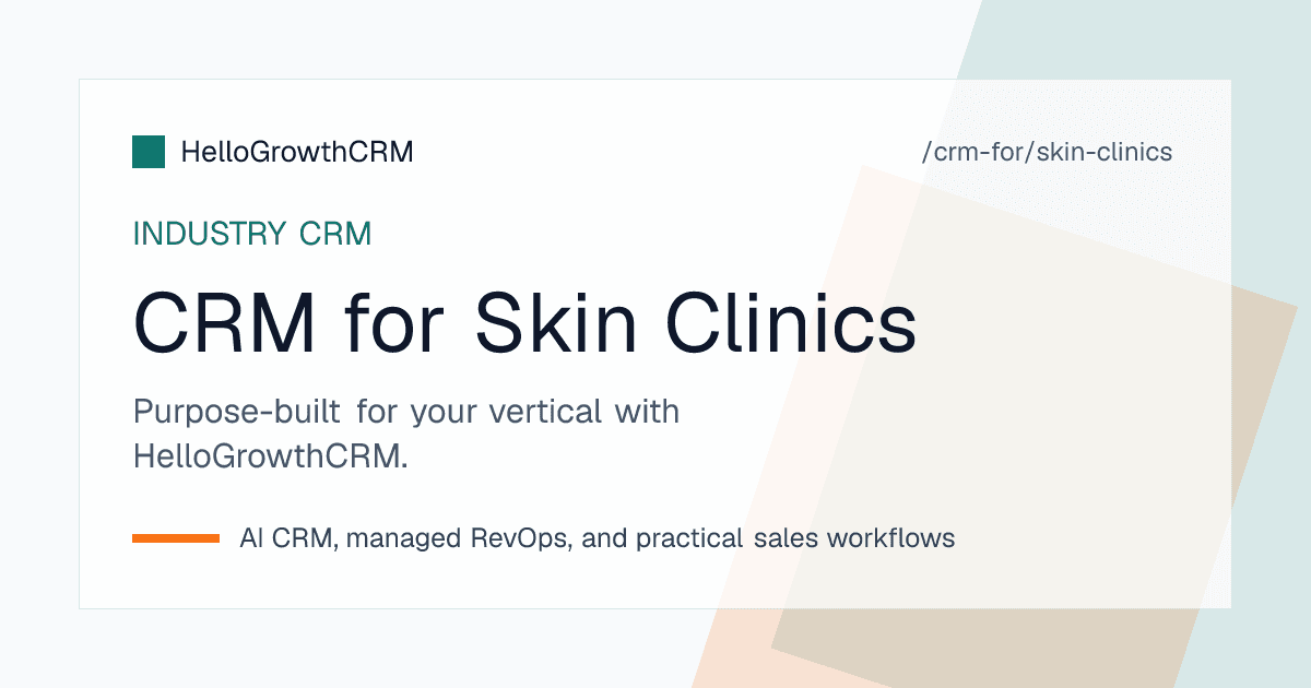 HelloGrowthCRM for skin clinics showing a consult-to-procedure pipeline, WhatsApp enquiry inbox, and package session balance view