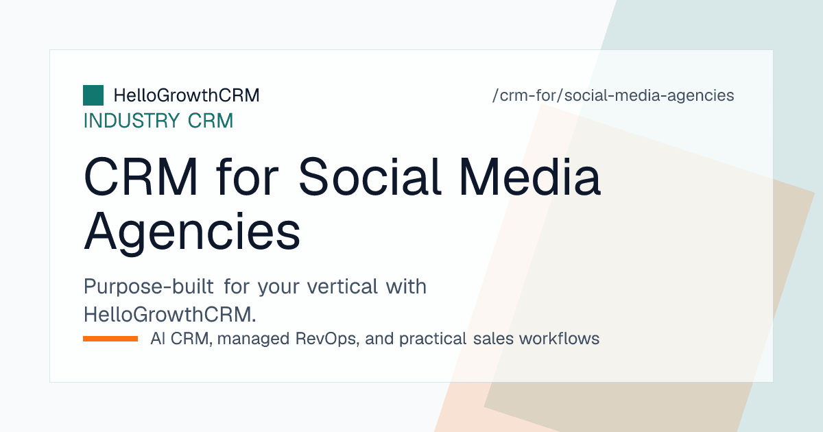 HelloGrowthCRM social media agency view showing a retainer board with renewal dates, monthly reporting tasks, and churn-risk flags on client accounts