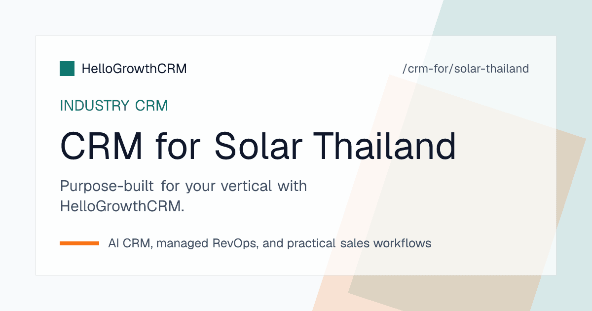 HelloGrowthCRM pipeline for a Thai solar installer showing enquiry sources, survey stages, proposals and utility submission status