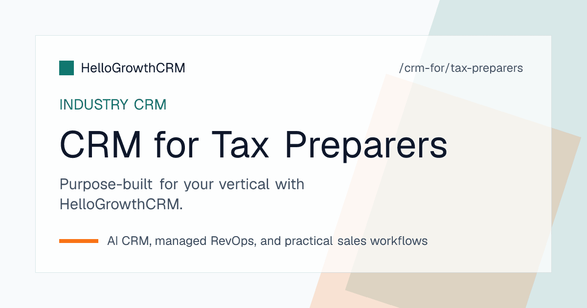HelloGrowthCRM tax practice view showing returns by stage and preparer, outstanding document checklists and returning-client reactivation campaign