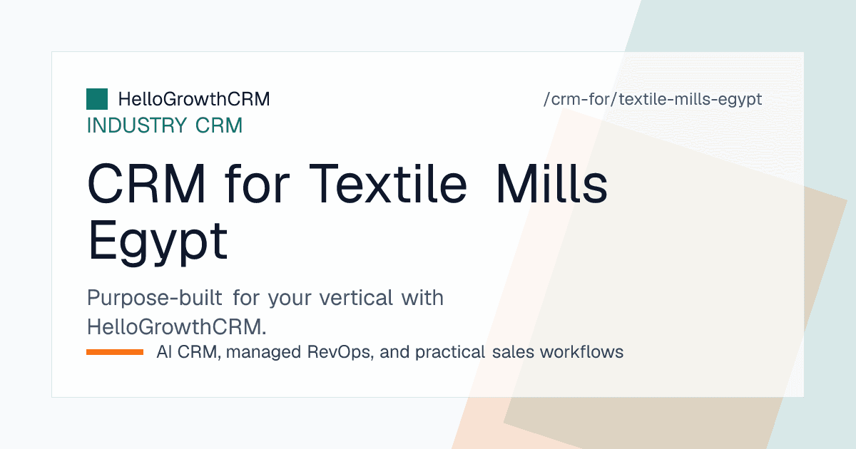 HelloGrowthCRM commercial board for an Egyptian textile mill showing export enquiries, sample despatch and quotation validity