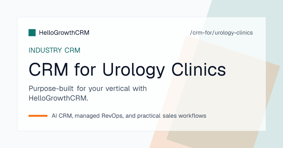 HelloGrowthCRM pipeline for a urology clinic showing enquiry stages from new enquiry to booked consultation with WhatsApp conversation panel