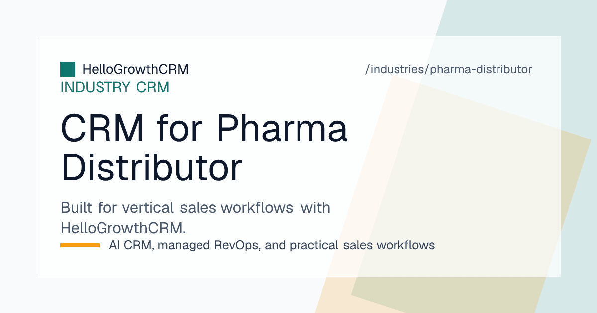 HelloGrowthCRM pharma distributor dashboard showing stockist management, MR beat plans, and payment follow-up pipeline