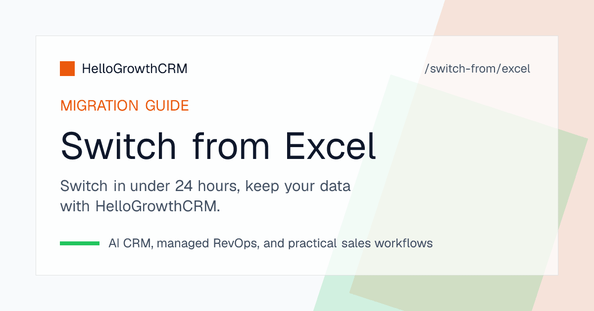 HelloGrowthCRM pipeline view replacing a customer Excel spreadsheet with live deal tracking and automated follow-up
