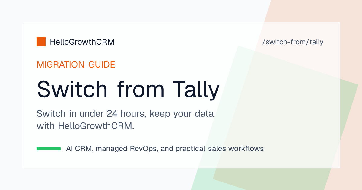 HelloGrowthCRM pipeline view alongside Tally integration showing invoice status and payment reminders