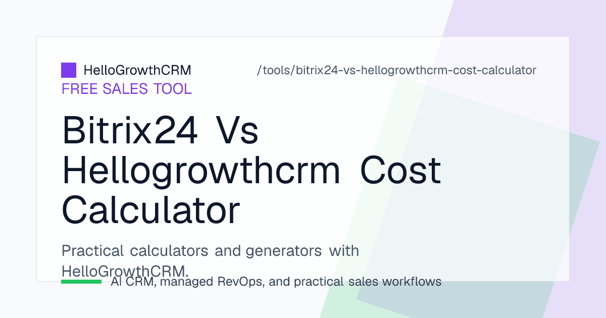 Business suite cost worksheet comparing user-ceiling plans, cloud and self-hosted deployment, telephony and storage against HelloGrowthCRM pricing