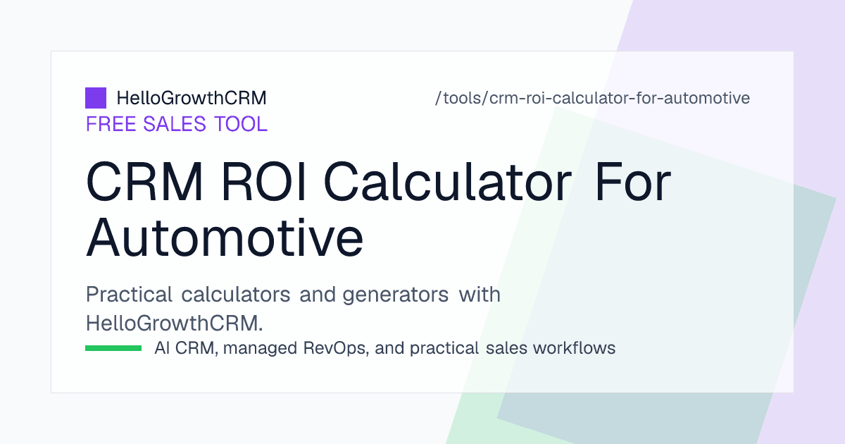 Automotive CRM ROI worksheet listing enquiries, test drive rate, bookings and gross per unit