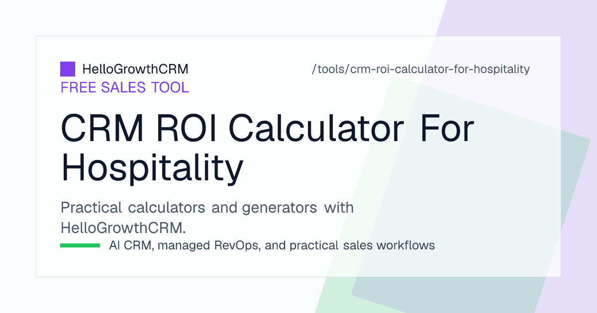 Hospitality CRM ROI worksheet listing enquiry, site inspection, confirmation and contribution inputs