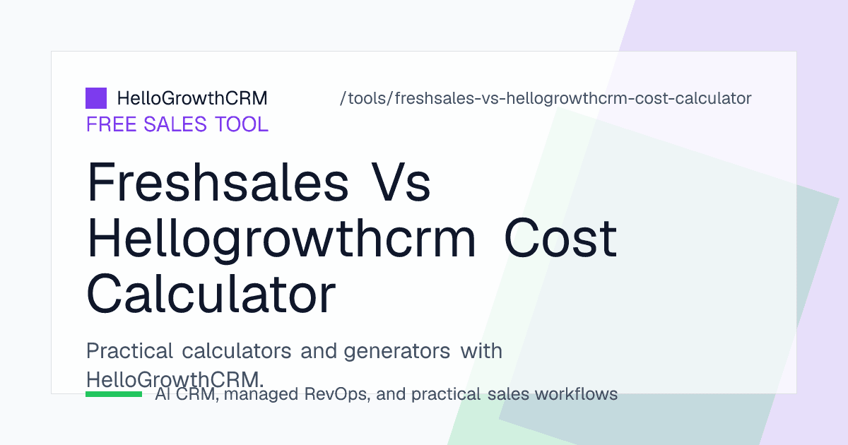 CRM cost worksheet converting telephony credits, bot sessions and AI credits into a monthly figure alongside HelloGrowthCRM per-user pricing